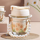 Trendy Floral Printed Glass Sipper Bottle with Pearl Keychain