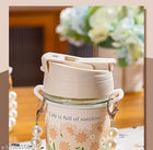 Floral Glass Sipper Water Bottle with Straw & Pearl Keychain – 500ml