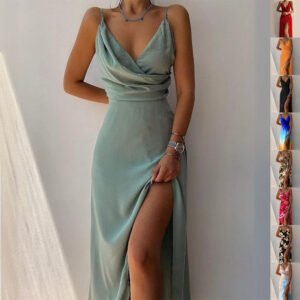 Women's V-Neck Slit Sling Dress – Slim Fit Midi Summer Dress