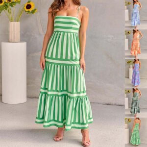 Women's Striped Printed Long Dress with Pockets β Square Neck Backless Beach Dress