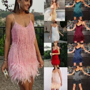 Women's Sequin Tassel Feather Mini Dress β V-Neck Evening Party Dress