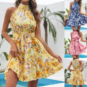 Women's Floral Print Halter Dress β Lace-Up Ruffle Summer Dress