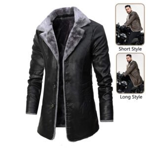 Men's Plush Lapel Leather Jacket β Winter Fleece Single-Breasted Long Coat